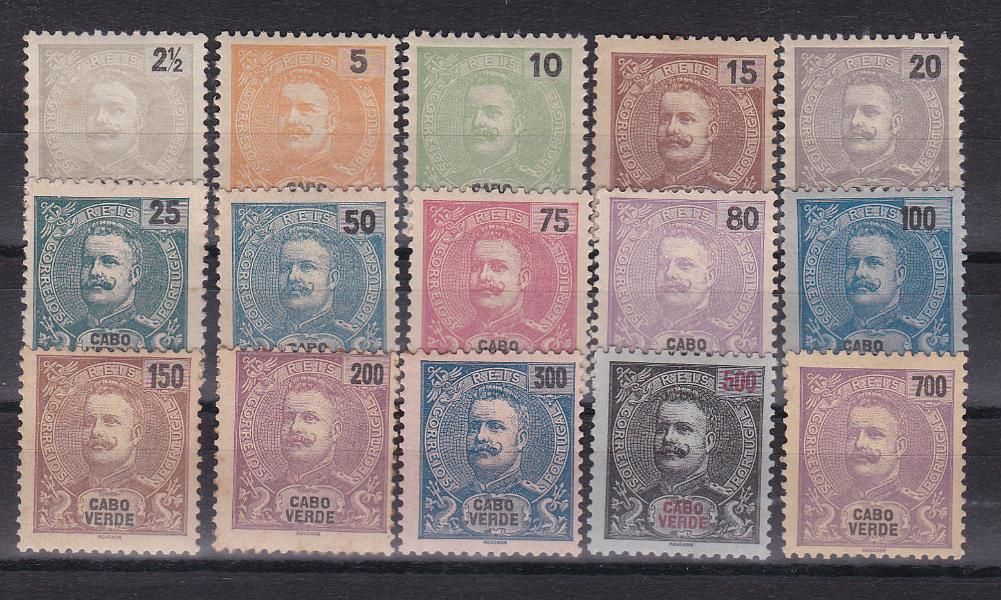 2429.jpg -     Lote:    2429      Lotes pelo Correio      Cabo Verde       Descrição:         1898/1901 &mdash; D. Carlos I Mouchon. CE 37/51. Série completa. Selo de 700 reis e alguns selos com vestígios de óxido. Lote a ver. Valor de catálogo &euro; 170,00.        **/*       Valor Base:     &euro; 20,00     Valor Venda:     Retirado     