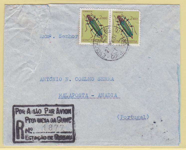 2436.jpg -     Lote:    2436      Lotes pelo Correio      Guiné       Descrição:         Carimbos de registo. 1953 &mdash; Insectos da Guiné. Sobrescrito circulado registado de Bissau (27.02.54) com par de selos de 2$00 CE276. Carimbo batido a preto "R / POR AVIÃO PAR AVION / PROVINCIA DA GUINÉ / N.º 1877 / ESTAÇÃO DE BISSAU". MR.        Carta       Valor Base:     &euro; 20,00     Valor Venda:     &euro; 32,00       