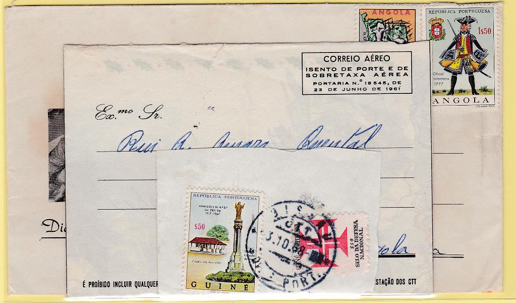 2439.jpg -     Lote:    2439      Lotes pelo Correio      Guiné       Descrição:      Angola e Guiné.   Lote composto por aerograma OM3 + sobrescrito "Dia da Mãe" (incluindo Povoamento de 1$00), circulado em Angola + fragmento da Guiné com selo "DEFESA" CE IP13.        Lote       Valor Base:     &euro; 4,00     Valor Venda:     &euro; 4,00       
