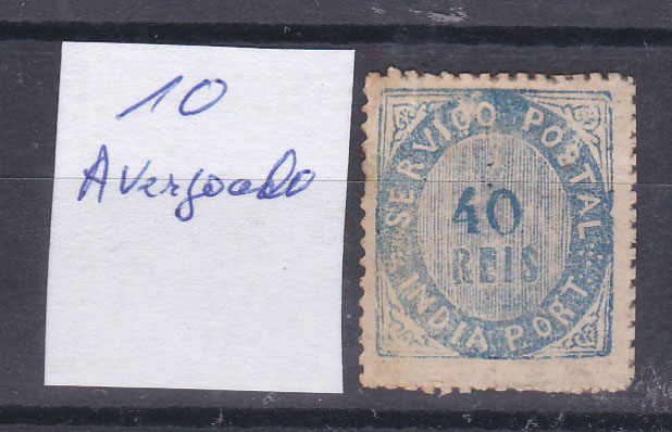 2440.jpg -     Lote:    2440      Lotes pelo Correio      Índia       Descrição:         1871 &mdash; Tipo Nativos. Tipo II. CE10, 40 reis azul, papel avergoado. Selo com muito ligeira transparência. Valor de catálogo &euro; 150,00.        *       Valor Base:     &euro; 20,00     Valor Venda:     Retirado     