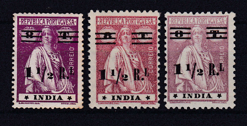 2450.jpg -     Lote:    2450      Lotes pelo Correio      Índia       Descrição:         1931/32 &mdash; Ceres, com sobretaxa. CE325, 1 &frac12; reis s/ 8 Tangas. Lote composto por selo em denteado 15x14 estrelas II/II (pontos de óxido) + dois selos em papel liso, com estrelas III/IV e II/II. Valor de catálogo &euro; 32,30.        **/*       Valor Base:     &euro; 6,00     Valor Venda:     &euro; 6,00       