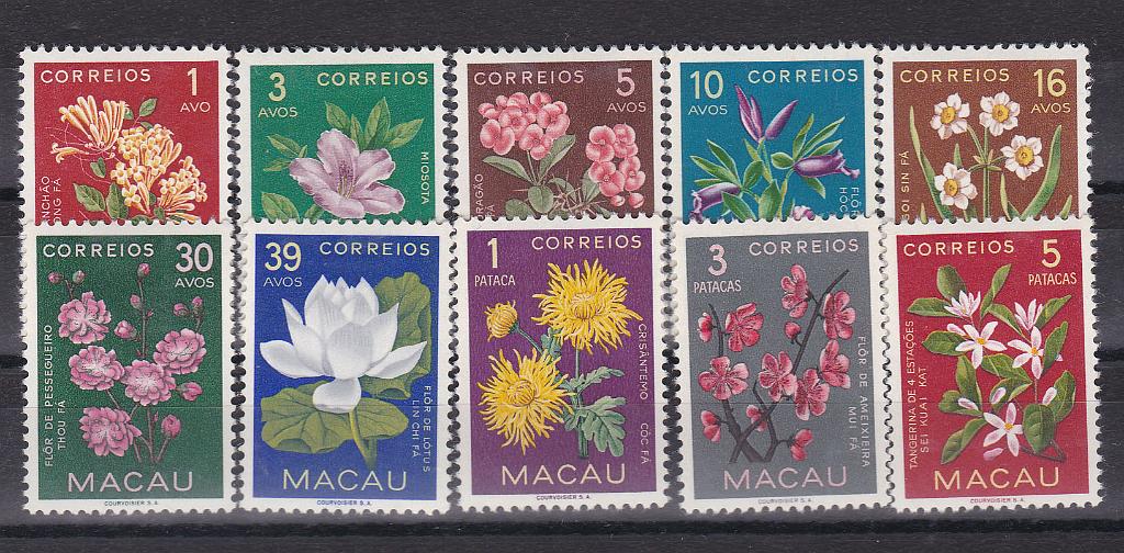 2460.jpg -     Lote:    2460      Lotes pelo Correio      Macau       Descrição:         1953 &mdash; Flores de Macau. CE 374/383. Série completa. Valor de catálogo &euro; 55,00.        **       Valor Base:     &euro; 12,00     Valor Venda:     Retirado     
