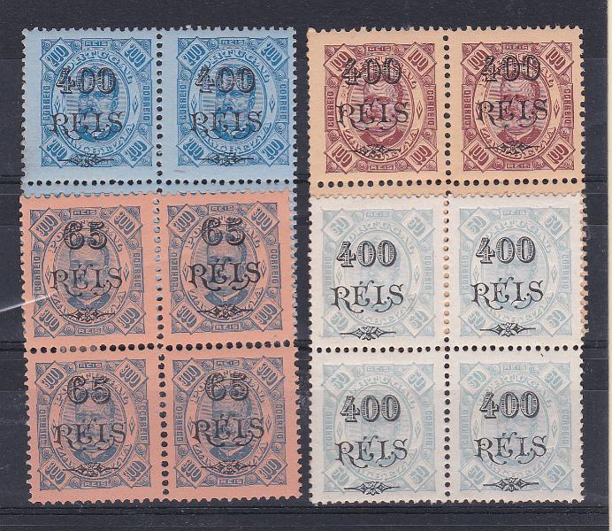 2469.jpg -     Lote:    2469      Lotes pelo Correio      Moçambique       Descrição:         1906 &mdash; D. Carlos Diogo Neto, com sobretaxa. CE 32 e CE 39/41. Lote com 4 quadras. Valor de catálogo &euro; 124,40.        ***       Valor Base:     &euro; 20,00     Valor Venda:     &euro; 20,00       