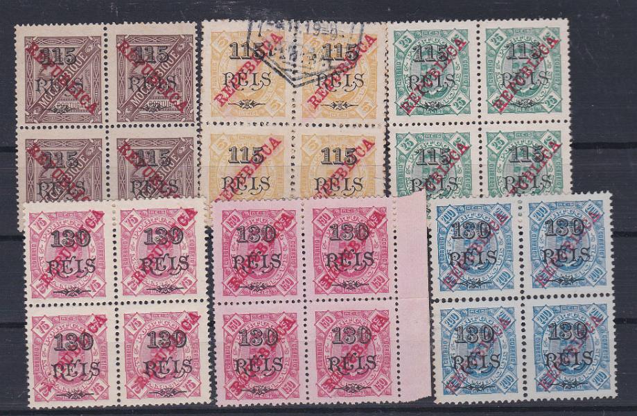 2472.jpg -     Lote:    2472      Lotes pelo Correio      Moçambique       Descrição:         1915 &mdash; D. Carlos com sobrecarga REPUBLICA da Casa da Moeda. CE181/186. Série completa em quadras. CE182 usada. Valor de catálogo &euro; 48,00.        */O       Valor Base:     &euro; 6,00     Valor Venda:     &euro; 6,00       