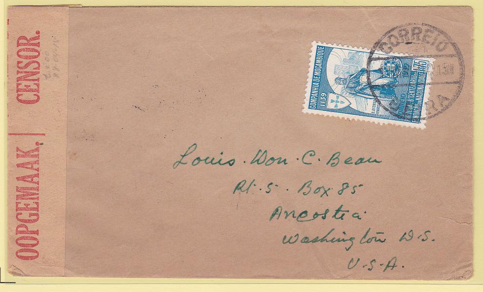 2473.jpg -     Lote:    2473      Lotes pelo Correio      Moçambique       Descrição:         1940 &mdash; Centenário da Fundação de Portugal. CE198, 1$75, em sobrescrito circulado da Beira (31.04.41) para os EUA. Censurado na África do Sul.        Carta       Valor Base:     &euro; 15,00     Valor Venda:     Retirado     
