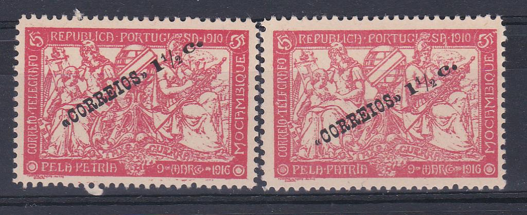 2474.jpg -     Lote:    2474      Lotes pelo Correio      Moçambique       Descrição:         1918/20 &mdash; Taxa de Guerra. Selos do Imposto Postal, com sobretaxa. CE202, 1 &frac12; c s/ 5c vermelho. Lote de dois selos: um com variedade PETRIA e outro com "TELFGRAFO. Valor de catálogo &euro; 34,00.        **       Valor Base:     &euro; 8,00     Valor Venda:     Retirado     