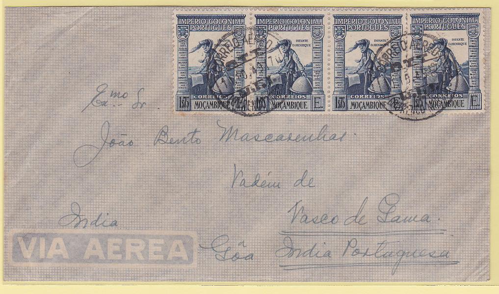 2480.jpg -     Lote:    2480      Lotes pelo Correio      Moçambique       Descrição:         1938 &mdash; Império Colonial Português. CE302, 1$75. Tira horizontal de 4 selos em sobrescrito circulado de L. Marques (11.10.49) para Goa.        Carta       Valor Base:     &euro; 15,00     Valor Venda:     Retirado     