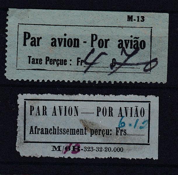 2481.jpg -     Lote:    2481      Lotes pelo Correio      Moçambique       Descrição:         1932/33 &mdash; Correio Aéreo. Sobretaxa do Correio Aéreo. Lote de duas etiquetas usadas: CE SCA 1A (porte manuscrito 6.15) + CE SCA6 (porte manuscrito 4,70). Valor de catálogo &euro; 220,00.        O       Valor Base:     &euro; 16,00     Valor Venda:     &euro; 23,00       