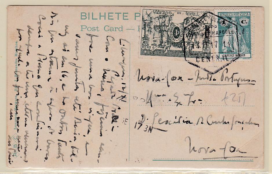 2483.jpg -     Lote:    2483      Lotes pelo Correio      Moçambique       Descrição:         1914/19 &mdash; Ceres + Taxa de Guerra. Postal ilustrado circulado de L. Marques (15.11.17) para a Índia Portuguesa, com selo de 2 &frac12; C CE122 e do imposto postal de 1C CE IP1. Linhas vincadas. MB.        PI       Valor Base:     &euro; 20,00     Valor Venda:     Retirado     