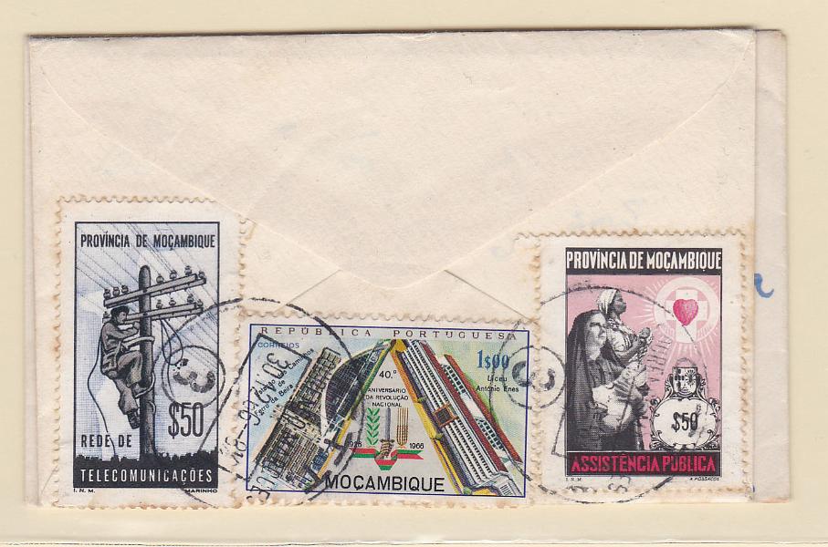 2485.jpg -     Lote:    2485      Lotes pelo Correio      Moçambique       Descrição:         1957/72 &mdash; Imposto Postal * Assistência tipo Pelicano + Assistência Pública + Rede de Telecomunicações. Lote com dois sobrescritos de reduzidas dimensões: um circulado em Lourenço Marques (30.12.66) com selos de 1$00 CE489, $50 CE IP69 e IP63, e outro circulado também em L. Marques (05.01.65) com franquia mecânica a verde de $30 + CE IP58.        Carta       Valor Base:     &euro; 15,00     Valor Venda:     Retirado     