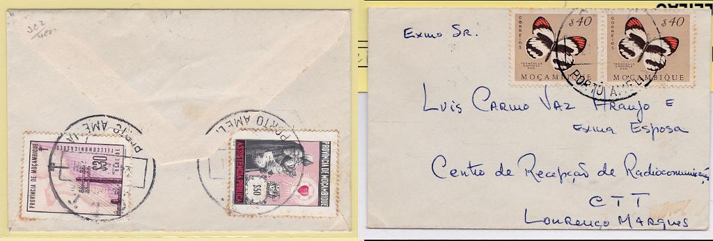 2487.jpg -     Lote:    2487      Lotes pelo Correio      Moçambique       Descrição:         1953 &mdash; Borboletas + Imposto Postal * Assistência Publica e Rede de Telecomunicações. Sobrescrito de reduzidas dimensões circulado de Porto Amélia (21.12.68) para L. Marques com par de selos de $40 CE392 m+ $50 CE IP63 e $30 CE IP68.        Carta       Valor Base:     &euro; 10,00     Valor Venda:     &euro; 17,00       