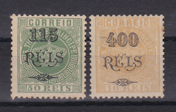 2491.jpg -     Lote:    2491      Lotes pelo Correio      S. Tomé Príncipe       Descrição:         1902 &mdash; Tipo Coroa, com sobretaxa. CE 59/60. Série completa. Selo CE60, com vestígios de óxido. Lote a ver. Valor de catálogo &euro; 149,00.        **/*       Valor Base:     &euro; 20,00     Valor Venda:     Retirado     
