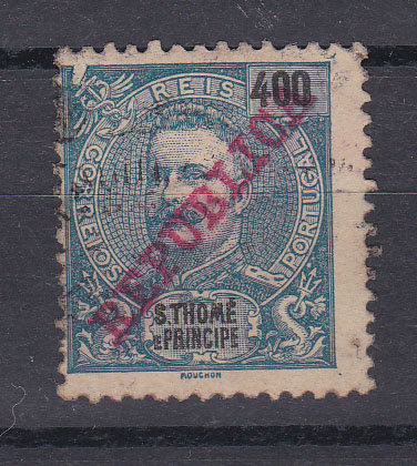 2492.jpg -     Lote:    2492      Lotes pelo Correio      S. Tomé Príncipe       Descrição:         1911 &mdash; D. Carlos I Mouchon, com sobrecarga REPUBLICA. CE108, 400 reis. Selo com grande fenda de cunho.        O       Valor Base:     &euro; 4,00     Valor Venda:     &euro; 4,00       
