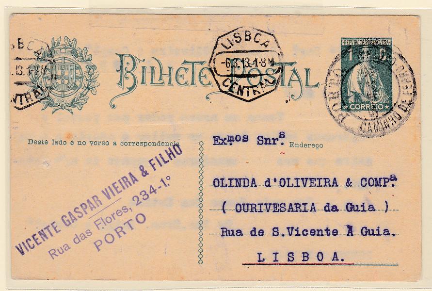 2504.jpg -     Lote:    2504      Lotes pelo Correio      Portugal       Descrição:         Carimbos circulares datados, tipo 1880. 1912 &mdash; Ceres. OM59, 1C verde, circulado do Porto (05.03.13) para Lisboa. Carimbo a preto "PORTO / CAMINHO DE FERRO &mdash; CENTRAL".        IC       Valor Base:     &euro; 6,00     Valor Venda:     Retirado     