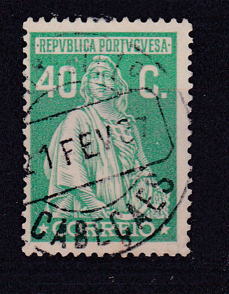 2509.jpg -     Lote:    2509      Lotes pelo Correio      Portugal       Descrição:         Carimbos circulares datados, tipo 1880. 1926 &mdash; Ceres. Emissão Londres. OM406, 25C. Carimbo batido a preto "CABEÇAES".         O       Valor Base:     &euro; 5,00     Valor Venda:     Retirado     