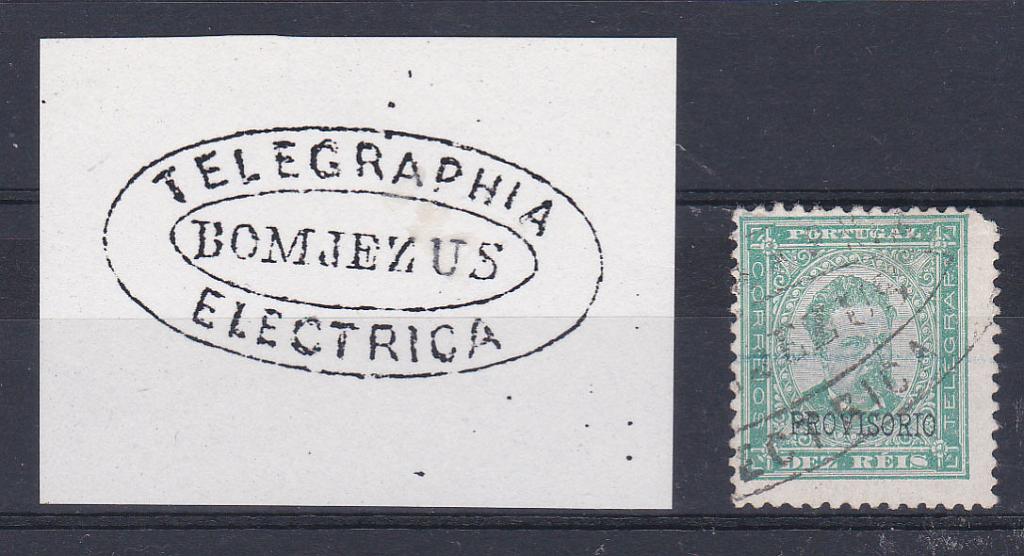 2520.jpg -     Lote:    2520      Lotes pelo Correio      Portugal       Descrição:         Carimbos da telegrafia eléctrica. 1893 &mdash; D. Luís I. Sobrecargas "PROVISORIO". CE81, 10 reis com carimbo a preto "TELEGRAPHIA / ELECTRICA / BOM JEZUS".        O       Valor Base:     &euro; 10,00     Valor Venda:     Retirado     