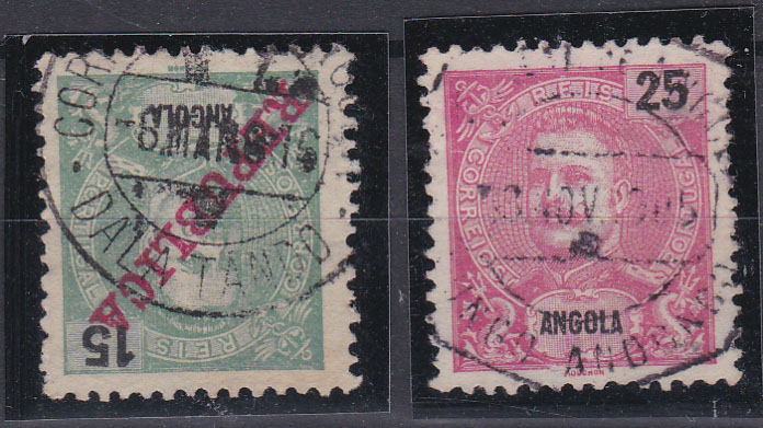 2522.jpg -     Lote:    2522      Lotes pelo Correio      Angola       Descrição:         Marcofilia diversa. Lote de dois selos tipo D. Carlos I Mouchon com carimbos batidos a preto "V / DALATANDO" e "PUNGO ANDONGO".        O       Valor Base:     &euro; 5,00     Valor Venda:     &euro; 10,00       