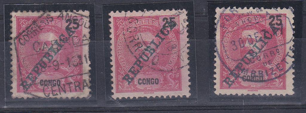 2524.jpg -     Lote:    2524      Lotes pelo Correio      Angola       Descrição:         Marcofilia diversa. Lote com 3 selos de 25 reis carmim, tipo Mouchon, obliterados com carimbos a preto "CABINDA / CENTRAL", "CORR.º AMBRIZETE" e carimbo numérico volante "13".        O       Valor Base:     &euro; 6,00     Valor Venda:     Retirado     