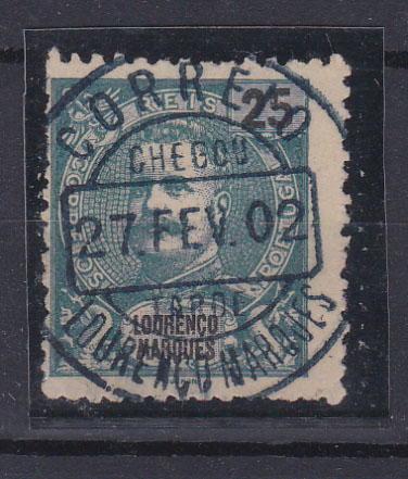 2527.jpg -     Lote:    2527      Lotes pelo Correio      Moçambique       Descrição:         Carimbos circulares datados. 1898 &mdash; D. Carlos I Mouchon. CE37, 25 reis obliterado com carimbo a preto "CORREIO / LOURENÇO MARQUES / CHEGOU / TARDE".        O       Valor Base:     &euro; 6,00     Valor Venda:     Retirado     