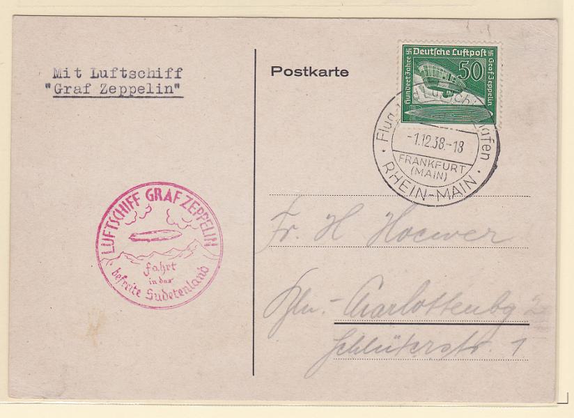 2598.jpg -     Lote:    2598      Lotes pelo Correio             Descrição:         Alemanha. 1938 (01.12). Sobrescrito circulado de Rhein-Man (01.12.38) pelo dirigível GrafZeppelin LZ130 no voo Sudetenland. Carimbo comemorativo a vermelho.        Aéreo       Valor Base:     &euro; 10,00     Valor Venda:     Retirado     
