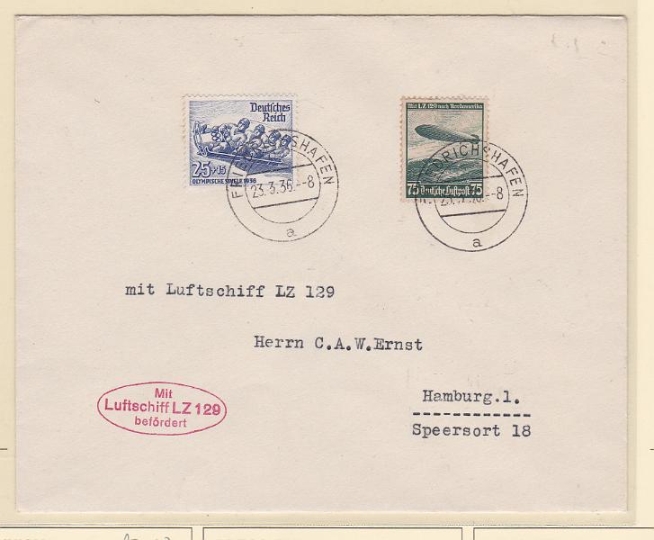 2599.jpg -     Lote:    2599      Lotes pelo Correio             Descrição:         Alemanha. 1936 (23.03). Sobrescrito circulado de Friedrichshafen (23.03.36) para Munique pelo dirigível Hindenbourg LZ129. Carimbo comemorativo a vermelho.        Aéreo       Valor Base:     &euro; 10,00     Valor Venda:     Retirado     