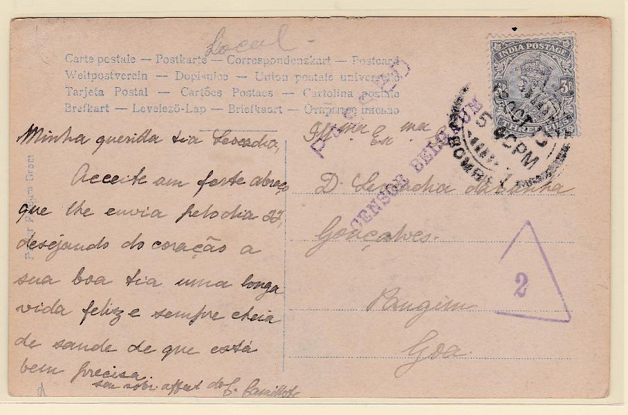 2620.jpg -     Lote:    2620      Lotes pelo Correio             Descrição:         Índia Inglesa * Censuras. Postal ilustrado circulado de Bombay (12.10.15) para Goa, com selo de 3p. Censurado com carimbo violeta "PASSED / CESSOR BELGAUM.        PI       Valor Base:     &euro; 15,00     Valor Venda:     Retirado     