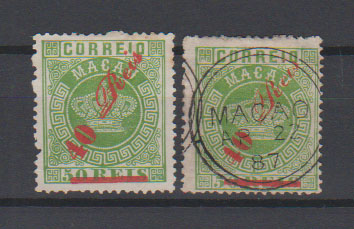 0192.jpg -     Lote:    192      Coleção Macau Pt.1             Descrição:         1885 &mdash; Tipo Coroa, com sobretaxa. CE15, 40 s/ 50 reis verde, denteado 13 &frac12;. Lote de dois selos em novo e usado. Valor de catálogo &euro; 340.00.         */O       Valor Base:     &euro; 100,00     Valor Venda:     &euro;      