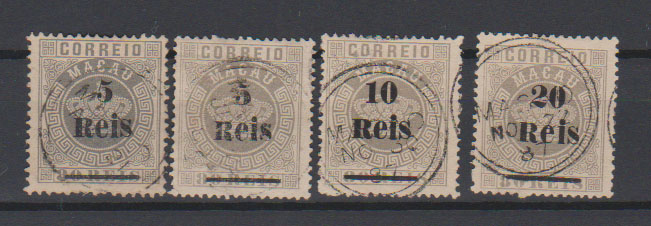 0203.jpg -     Lote:    203      Coleção Macau Pt.1             Descrição:         1887 &mdash; Tipo Coroa, com sobretaxa. Lote composto por 4 selos, sobrecarga A: CE24, 5 s/ 80 reis em denteados 12 &frac12; e 13 &frac12;, CE26, 10 s/ 80 reis, denteado 13 &frac12; e CE28, 20 s/ 80 reis, denteado 13 &frac12;. Valor de catálogo &euro; 173.00.         O       Valor Base:     &euro; 40,00     Valor Venda:     &euro;      