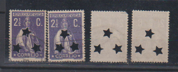 0504.jpg -     Lote:    504                   Descrição:         Perfurados. Portugal. Lote com 4 selos tipo Ceres de 2 &frac12; C CE211, perfurados com 3 estrelas de 5 pontas. Retiradas de exemplares de "Carta Secreta".         O       Valor Base:     &euro; 10,00     Valor Venda:     &euro;      