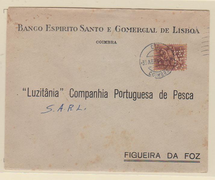 0509.jpg -     Lote:    509                   Descrição:         Perfurados. 1953 &mdash; Cavaleiro Medieval. CE768, 1$00, em sobrescrito circulado de Coimbra (30.04.55) para a Figueira. Selo perfurado com BES.         Carta       Valor Base:     &euro; 10,00     Valor Venda:     &euro;      