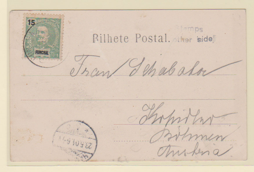 0510.jpg -     Lote:    510                   Descrição:         Perfurados. 1898 &mdash; D. Carlos I Mouchon. CE27, 15 reis em postal ilustrado circulado do Funchal para a Áustria (23.05.04). Selo perfurado com "B B / C &mdash; BRANDY BRADLEY COMPANY. No primeiro "B" faltam dois furos.         PI       Valor Base:     &euro; 25,00     Valor Venda:     &euro;      