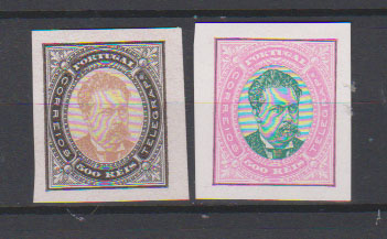 0699.jpg -     Lote:    699            Portugal       Descrição:         1882 &mdash; D. Luís I, de frente. Desenho e gravura de Eugène Mouchon. Tipo IX. Tipo aprovado (taxa de 500 reis) em papel porcelana. Lote de duas provas: uma em castanho e preto, não catalogada por OM e outra em verde e rosa OM268.         PRV       Valor Base:     &euro; 25,00     Valor Venda:     &euro;      