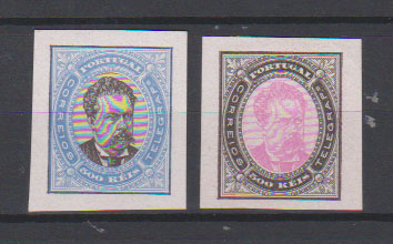 0700.jpg -     Lote:    700            Portugal       Descrição:         1882 &mdash; D. Luís I, de frente. Desenho e gravura de Eugène Mouchon. Tipo IX. Tipo aprovado (taxa de 500 reis) em papel porcelana. Lote de duas provas: uma em azul e preto OM243 e rosa e outra em preto e rosa OM250.         PRV       Valor Base:     &euro; 20,00     Valor Venda:     &euro;      