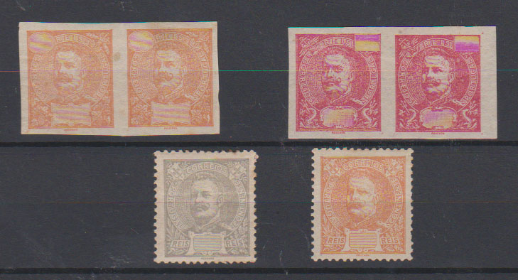 0705.jpg -     Lote:    705            Portugal       Descrição:         1895/96 &mdash; D. Carlos I. Gravura de Eugène Mouchon. Lote composto por pares de provas não denteadas em laranja e carmim + duas provas denteadas em cinzento e laranja. Todas sem impressão do valor.         PRV       Valor Base:     &euro; 10,00     Valor Venda:     &euro;      