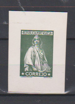 0711.jpg -     Lote:    711            Portugal       Descrição:         1912 &mdash; Ceres. Prova em cartolina, sem abertura do valor no cunho, na cor verde bronze, não denteada. Desenho de Constantino de Sobral Fernandes e gravura de José Sérgio de carvalho e Silva. Não catalogada por OM em cartolina.         PRV       Valor Base:     &euro; 25,00     Valor Venda:     &euro;      
