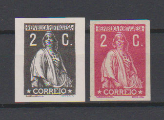 0714.jpg -     Lote:    714            Portugal       Descrição:         1912 &mdash; Ceres. CE210, 2C. Lote de duas provas não denteadas, uma em carmim sobre papel pontinhado e outra a preto sobre papel porcelana.         PRV       Valor Base:     &euro; 12,00     Valor Venda:     &euro;      