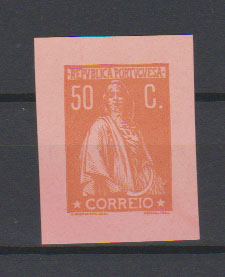 0722.jpg -     Lote:    722            Portugal       Descrição:         1912 &mdash; Ceres. CE219, 50C laranja sobre salmão. Prova não denteada em papel porcelana colorido, nas cores aprovadas, com margens largas.         PRV       Valor Base:     &euro; 10,00     Valor Venda:     &euro;      