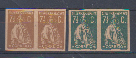 0723.jpg -     Lote:    723            Portugal       Descrição:         1917/20 &mdash; Ceres. Novas taxas e cores. CE229, 7 &frac12; C. Lote de dois pares de provas, não denteadas, nas cores bistre e verde (não aprovadas para esta taxa), em papel amarelado liso.         PRV       Valor Base:     &euro; 5,00     Valor Venda:     &euro;      