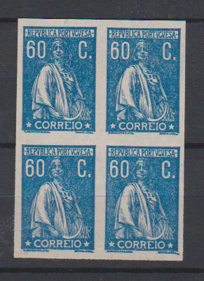 0727.jpg -     Lote:    727            Portugal       Descrição:         1920/22 &mdash; Ceres. CE245, 60C. Quadra de provas não denteadas, na cor azul, papel liso médio.         PRV       Valor Base:     &euro; 12,00     Valor Venda:     &euro;      