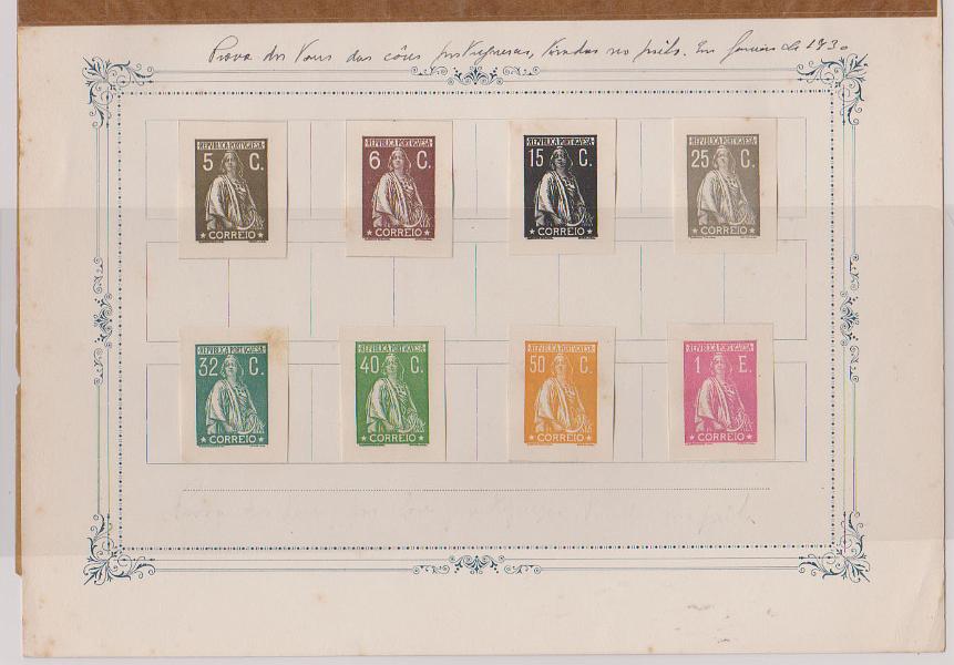 0728.jpg -     Lote:    728            Portugal       Descrição:         1930 &mdash; Ceres. Gravura retocada. Provas de cor não denteadas, coladas sobre cartão de apresentação para aprovação de cores, taxas de 5C sépia, 6C chocolate, 15C preto, 25C cinzento, 35c verde, 40c verde esmeralda, 50c amarelo ocre, 1$00 rosa claro (não aprovado para a emissão). Indicação manuscrita na parte superior "Provas dos Tons das Cores Portuguesas, tiradas pelo Prelo em Janeiro de 1930". MR e MB.         PRV       Valor Base:     &euro; 300,00     Valor Venda:     &euro;      