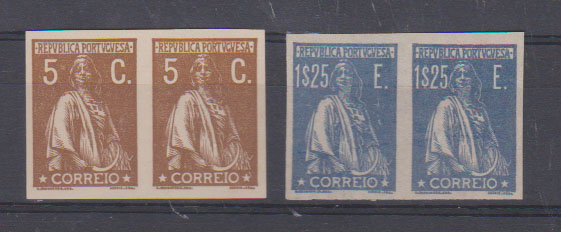 0729.jpg -     Lote:    729            Portugal       Descrição:         1930 &mdash; Ceres. CE496 e CE510. Lote de dois pares de provas não denteadas, dos valores de 5C em sépia e 1$25 em azul claro.         PRV       Valor Base:     &euro; 5,00     Valor Venda:     &euro;      
