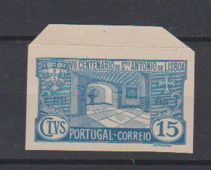 0733.jpg -     Lote:    733            Portugal       Descrição:         1931 &mdash; 7.º Centenário da Morte de S. António. Desenho de Arnaldo Fragoso. CE531, 15C. Prova não denteada em azul-cinzento. Não catalogada por OM.         PRV       Valor Base:     &euro; 10,00     Valor Venda:     &euro;      