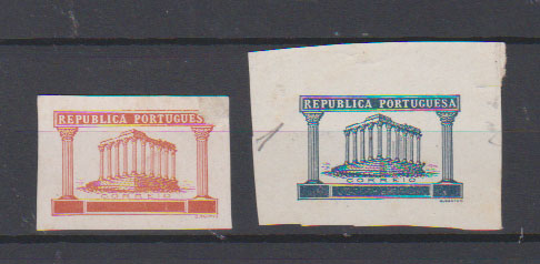 0736.jpg -     Lote:    736            Portugal       Descrição:         1933/34 &mdash; Templo de Diana. Emissão base projectada. Lote com duas provas não denteadas em papel porcelana, sem abertura do valor no cunho: uma em laranja-castanho e outra em azul-cinzento. Não catalogadas por OM.         PRV       Valor Base:     &euro; 15,00     Valor Venda:     &euro;      