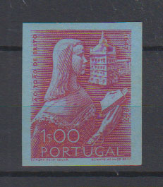 0745.jpg -     Lote:    745            Portugal       Descrição:         1952 &mdash; 4.º Centenário da Morte de S. Francisco Xavier. CE759, 1E. Prova de luxo com largas margens (bloco com 68/91mm), em verde-amarelo, não denteada.         PRV       Valor Base:     &euro; 30,00     Valor Venda:     &euro;      