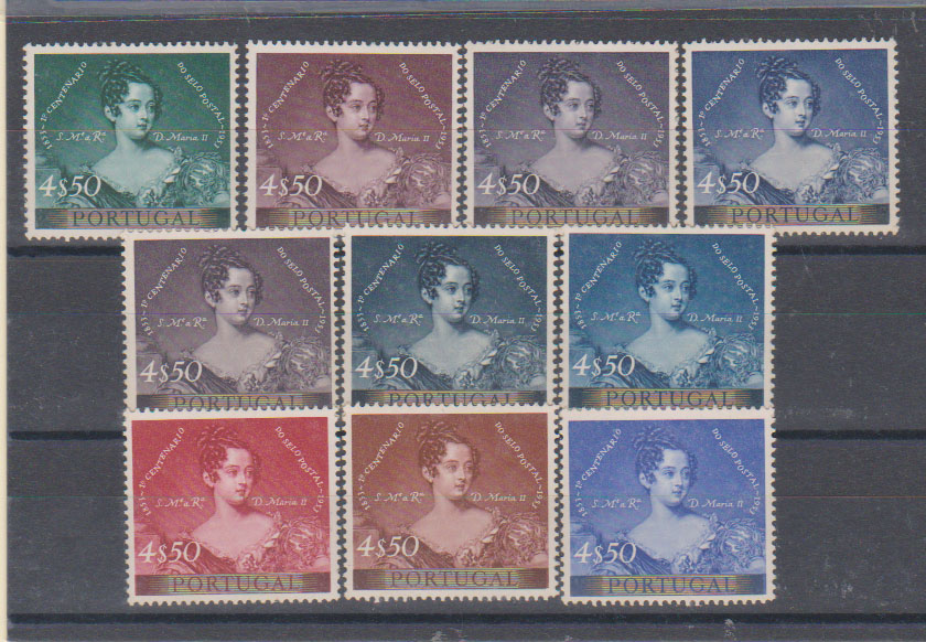 0747.jpg -     Lote:    747            Portugal       Descrição:         1953 &mdash; Centenário do Selo Postal Português. CE791, 4$50. Lote de 10 provas de cor todas diferentes, denteadas. Todas na taxa de 4$50, SEM filete sob as legendas laterais. MB e MR.         PRV       Valor Base:     &euro; 180,00     Valor Venda:     &euro;      