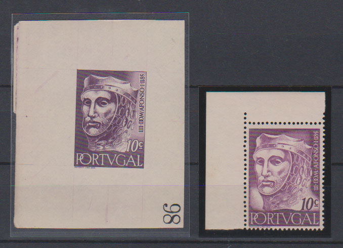 0748.jpg -     Lote:    748            Portugal       Descrição:         1955 &mdash; Reis de Portugal da 1.ª Dinastia. CE806, 10C. Prova de luxo em magenta, cor aprovada (57x69mm), não denteada, em papel liso, numerada (86) e gomada. Acompanha selo normal para comparação.         PRV       Valor Base:     &euro; 25,00     Valor Venda:     &euro;      