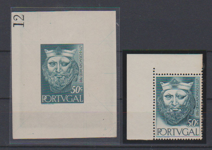 0750.jpg -     Lote:    750            Portugal       Descrição:         1955 &mdash; Reis de Portugal da 1.ª Dinastia. CE808, 50C. Prova de luxo em turquesa, cor aprovada (57x69mm), não denteada, em papel liso, numerada (12) e gomada. Acompanha selo normal para comparação.         PRV       Valor Base:     &euro; 25,00     Valor Venda:     &euro;      