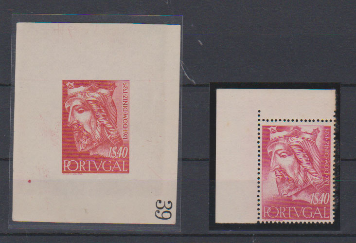 0753.jpg -     Lote:    753            Portugal       Descrição:         1955 &mdash; Reis de Portugal da 1.ª Dinastia. CE811, 1$40. Prova de luxo em laranja, cor não aprovada (57x69mm), não denteada, em papel liso, numerada (39) e gomada. Acompanha selo normal para comparação.         PRV       Valor Base:     &euro; 25,00     Valor Venda:     &euro;      