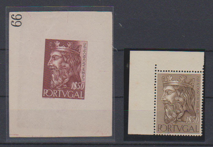 0754.jpg -     Lote:    754            Portugal       Descrição:         1955 &mdash; Reis de Portugal da 1.ª Dinastia. CE812, 1$50. Prova de luxo em castanho, cor não aprovada (57x69mm), não denteada, em papel liso, numerada (66) e gomada. Acompanha selo normal para comparação.         PRV       Valor Base:     &euro; 25,00     Valor Venda:     &euro;      