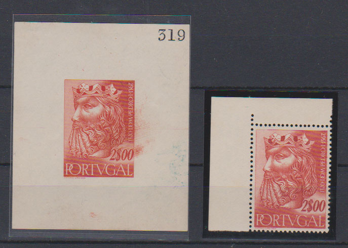 0755.jpg -     Lote:    755            Portugal       Descrição:         1955 &mdash; Reis de Portugal da 1.ª Dinastia. CE813, 2$00. Prova de luxo na cor aprovada (59x69mm), não denteada, em papel liso, numerada (319) e gomada. Acompanha selo normal para comparação.         PRV       Valor Base:     &euro; 25,00     Valor Venda:     &euro;      